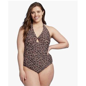 Kona Sol Womens Swimsuit 16W Leopard Twist-Front Halter One Piece Swimsuit Beach